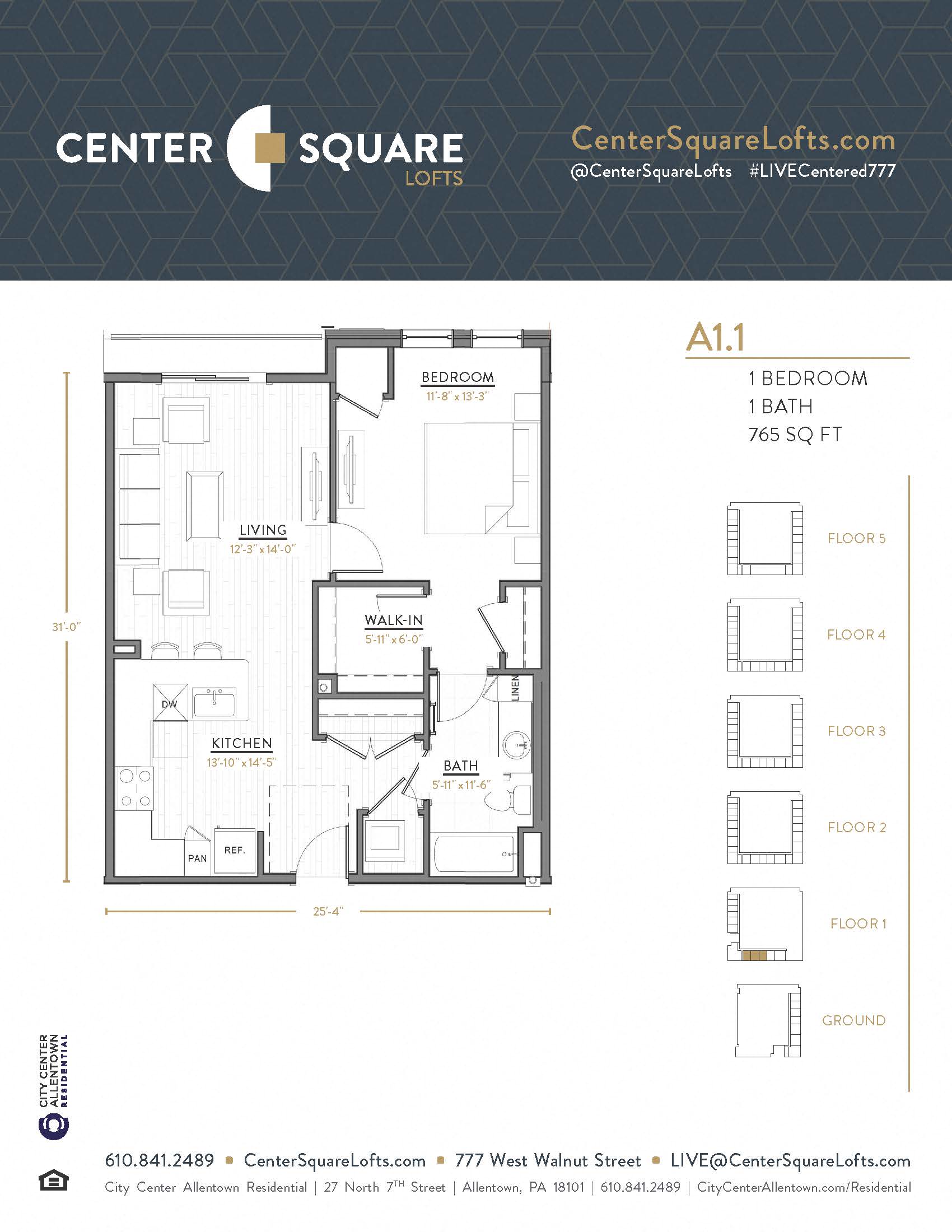 Floor plan for 1 bed, 1 bath, 765 sqft
